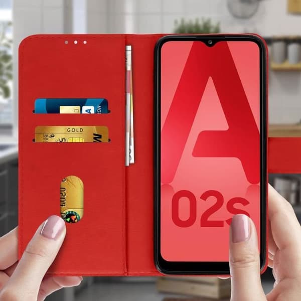 Fodral - Samsung - Galaxy A02s - Skydd - Kortfack - Videostöd - Röd