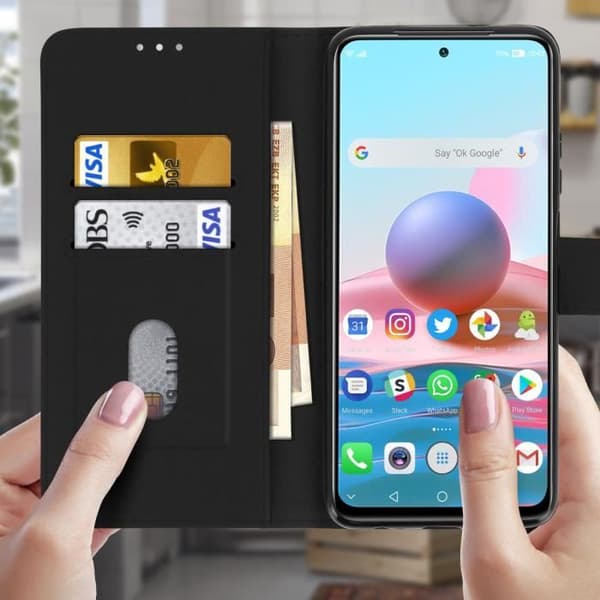 Etui - Xiaomi - Redmi Note 10 / 10s - Skydd - Kortficka - Videostöd - Svart