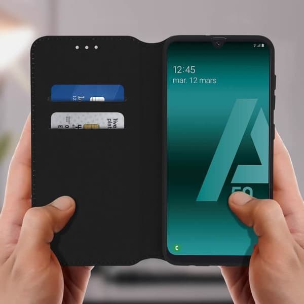 Skal till Samsung Galaxy A50 - AVIZAR - Folio plånboksfodral - Ekologiskt läder - Svart - Stativfunktion