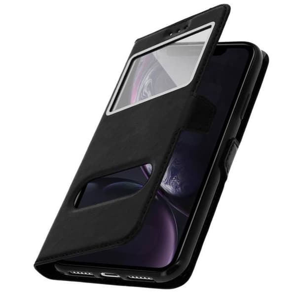iPhone XR Skal - MÄRKE - Dubbelt fönsterfodral - Ekologiskt läder - Svart - Mjuk