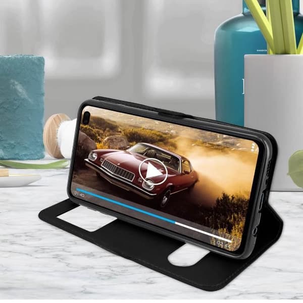 Etui Folio - AVIZAR - Samsung Galaxy S10 Plus - Dubbel Fönster - Stöd funktion - Svart