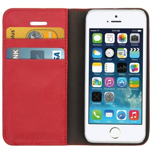 iPhone 5/5S/SE-fodral - Äkta läder - Röd - Stödfunktion - Kortfack - Hårt skal