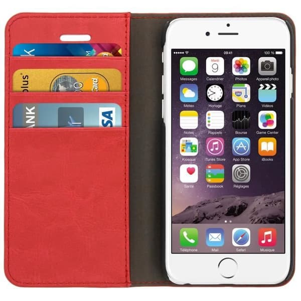 iPhone 6/6s-fodral - Syntetiskt läder - Röd - Stödfunktion - Fack för kort - Hård skal