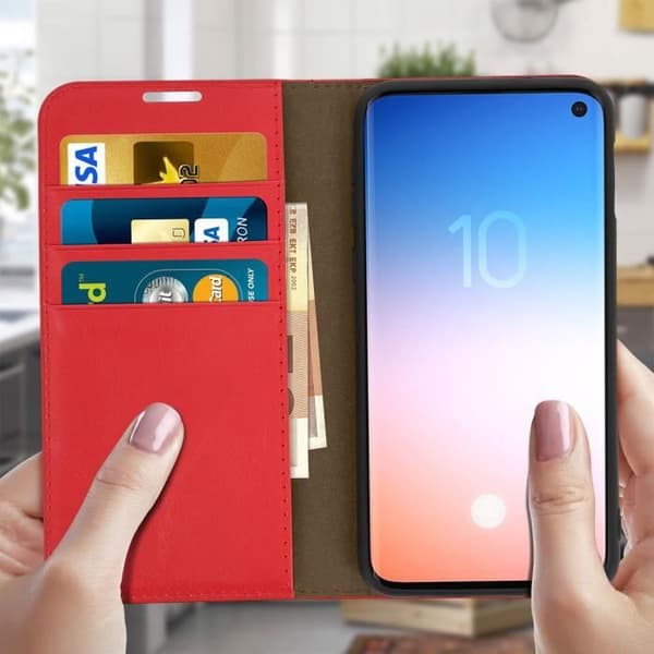 Etui för Samsung Galaxy S10e - Folio-fodral - Äkta läder - Röd - Video Stöd - Kortfack