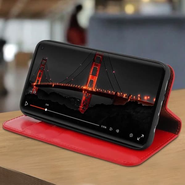 Etui för Samsung Galaxy S10e - Folio-fodral - Äkta läder - Röd - Video Stöd - Kortfack