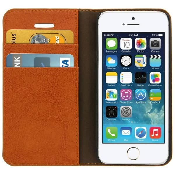 iPhone 5/5S/SE-fodral - Brun - Äkta läder - Hård skal - Stödfunktion - Kortfack