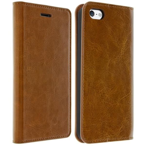 iPhone 5/5S/SE-fodral - Brun - Äkta läder - Hård skal - Stödfunktion - Kortfack