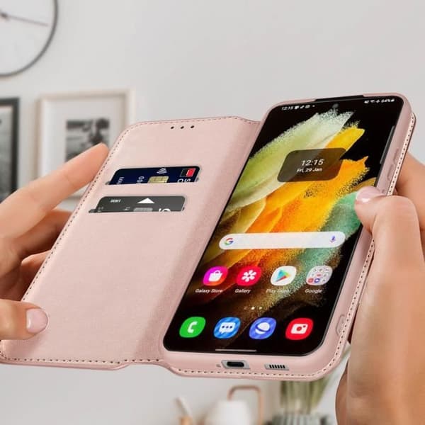 Fodral Plånbok - Samsung - Galaxy S22 - Roséguld - Syntetiskt läder - Videostöd
