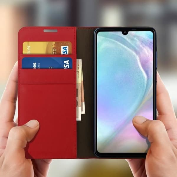 Huawei P30-fodral - Folio-skydd - Äkta läder - Videostöd - Röd - Heltäckande skydd