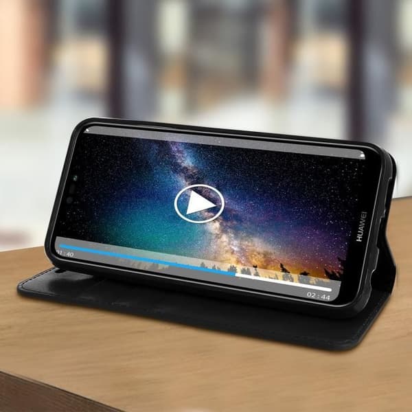 Huawei P20 Lite Fodral - AVIZAR - Plånboksfodral i läder - Svart - Videostöd - 3 kortplatser