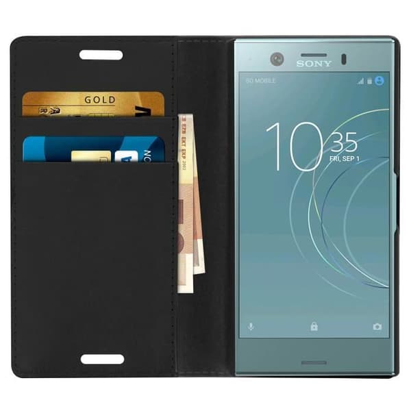 Etui Plånbok Läder - AVIZAR - Xperia XZ1 Compact - Svart - Heltäckande Skydd - Ställfunktion