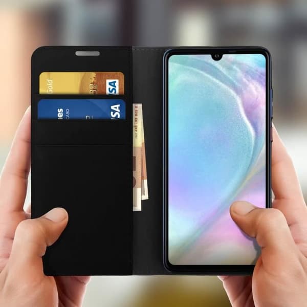 Huawei P30-fodral - Folio-fodral - Äkta läder - Videostöd - Svart - Semihård