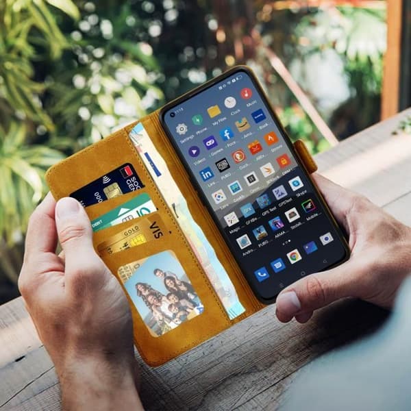 Realme GT 2 Pro Läderfodral Dubbel magnetisk flikkorthållare Camel