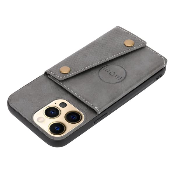 iPhone 13 Pro Max Skal Läder Med Kortfack Och Magnet Grå