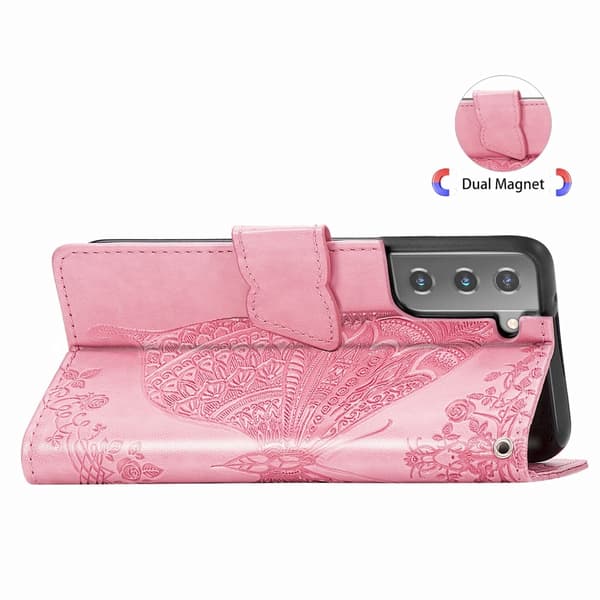 Samsung Galaxy S22 Plus Fodral Butterfly Tryckt Läder Ljus Rosa