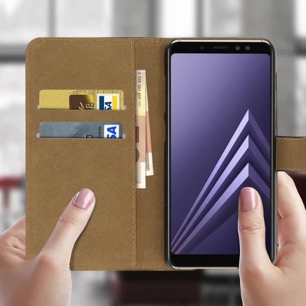 Plånboksfodral - AVIZAR - Galaxy A8 2018 - Äkta läder - Stativfunktion - Svart