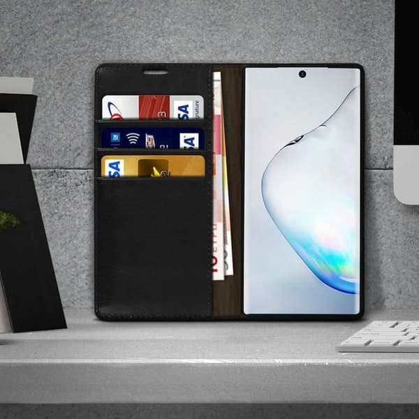 Galaxy Note 10 Plus-fodral - AVIZAR - Äkta läder - Kortficka - Videostativ - Svart