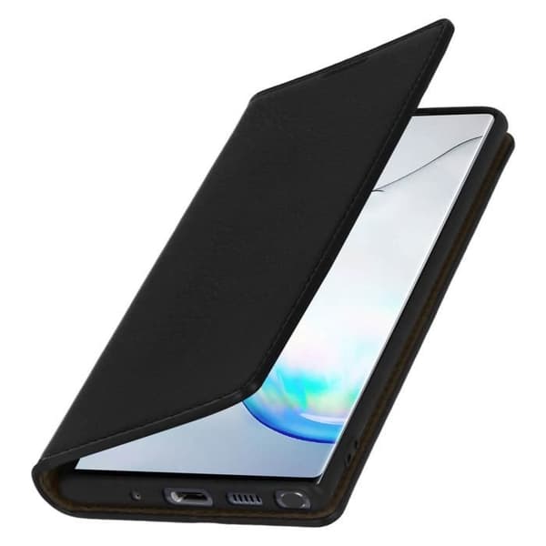 Galaxy Note 10 Plus-fodral - AVIZAR - Äkta läder - Kortficka - Videostativ - Svart