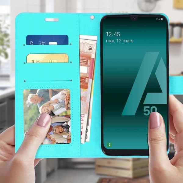 Fodral för Samsung Galaxy A50 - AVIZAR - Plånboksfodral - Ekologiskt läder - Videostöd - Turkosblå