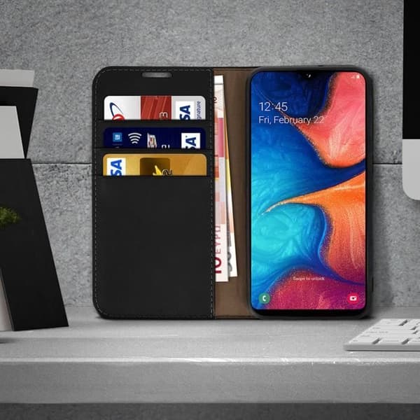 Foliofodral - AVIZAR - Galaxy A20e - Äkta Läder - Videostöd - Kortfack Svart