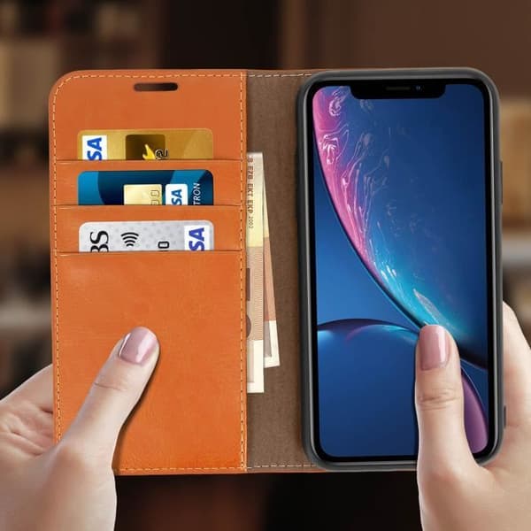 iPhone XR-fodral - Läder - Kamel - Helskydd - Videostöd - Kortfack