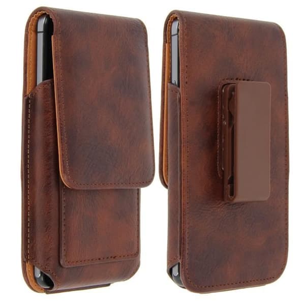 Housse Etui Ceinture - Brun - Cuir - Kompatibel med XXL-smartphones - 360° roterande klipp - Vertikalt lock