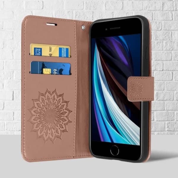 Etui iPhone SE 2020, 8 och 7 - AVIZAR - Mandala Blomma Roséguld - Heltäckande skydd - Videostöd - Ekologiskt läder