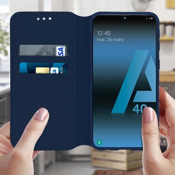 Hölster för Samsung Galaxy A40 - AVIZAR - Fickfodral med folio - Ekologiskt läder - Mörkblå - Stöd funktion