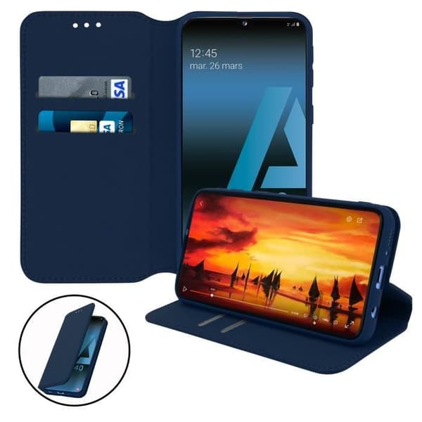 Hölster för Samsung Galaxy A40 - AVIZAR - Fickfodral med folio - Ekologiskt läder - Mörkblå - Stöd funktion