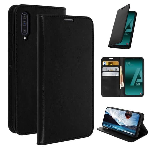 Etui för Samsung Galaxy A50 - AVIZAR - Fodral Folio Läder - Videostöd - Svart - Heltäckande skydd
