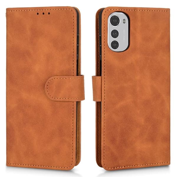SKALO Motorola Moto E32/E32s Matt PU Nahka lompakkokotelo - Ruskea