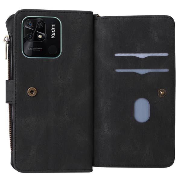 SKALO Xiaomi Redmi 10C Big Wallet 17-lokeroa Lompakkokotelo - Musta