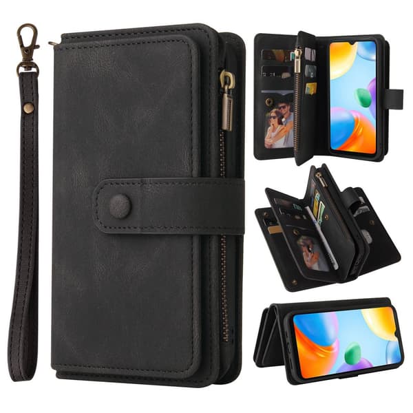 SKALO Xiaomi Redmi 10C Big Wallet 17-lokeroa Lompakkokotelo - Musta