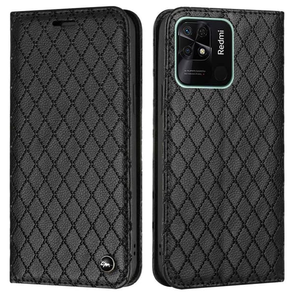 SKALO Xiaomi Redmi 10C Rhombus Litchi Lompakkokotelo - Musta