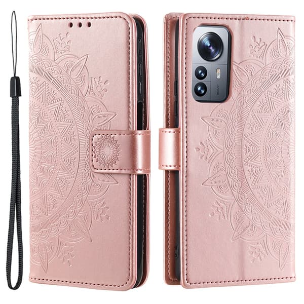 SKALO Xiaomi 12 Pro Mandala lompakkokotelo - Ruusukulta