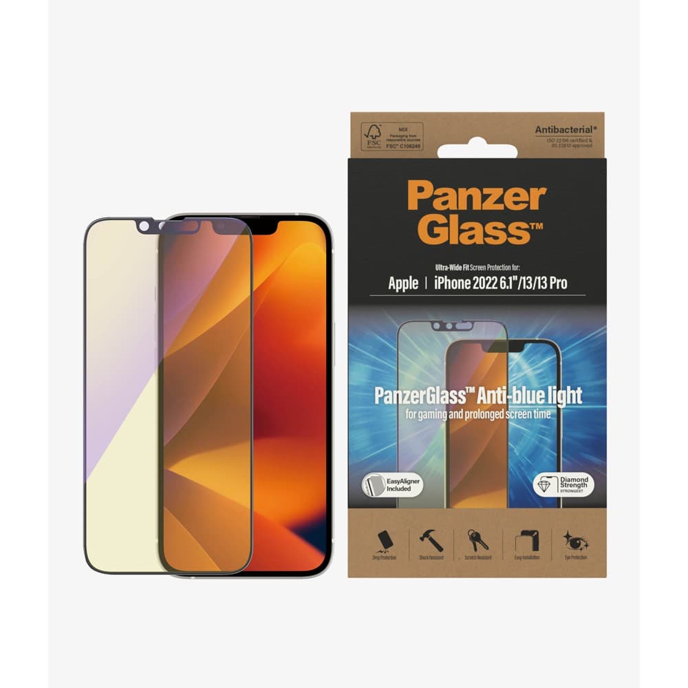 PanzerGlass iPhone 13/iPhone 13 Pro/iPhone 14 Skärmskydd Ultra-Wide Fit Anti-bluelight EasyAligner