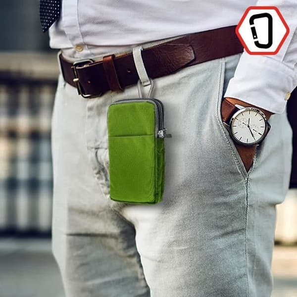 Smartphone Bälte Fodral - AVIZAR - Universal - Slitstarkt tyg - 2 fickor med dragkedja - Grön