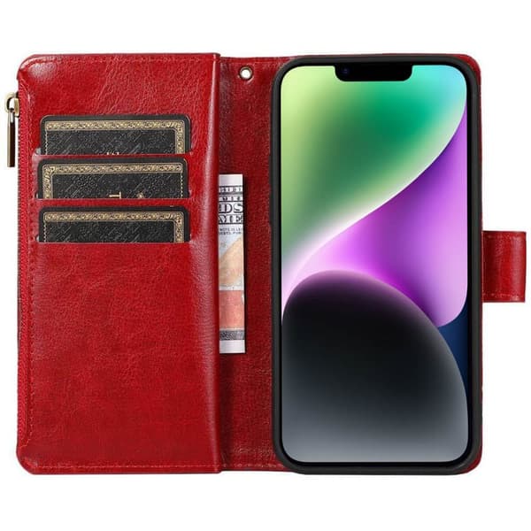 Dubbelflip Zipper 9-kort Apple iPhone 14 - Röd