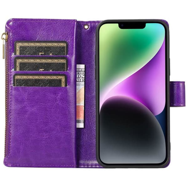 Dubbelflip Zipper 9-kort Apple iPhone 14 - Lila