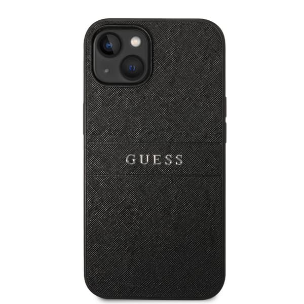 Guess iPhone 14 Plus Kuori Saffiano Metal Logo Stripes Musta