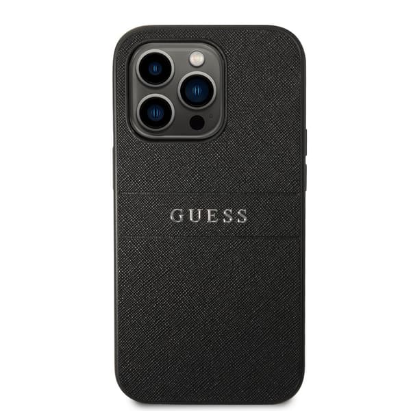 Guess iPhone 14 Pro Cover Saffiano Metal Logo Stripes Sort