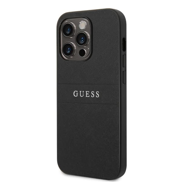 Guess iPhone 14 Pro Cover Saffiano Metal Logo Stripes Sort