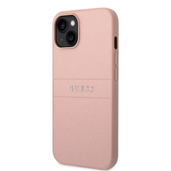 Guess iPhone 14 Cover Saffiano Metal Logo Stripes Lyserød