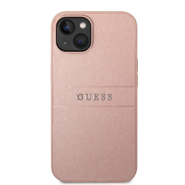 Guess iPhone 14 Plus Cover Saffiano Metal Logo Stripes Lyserød
