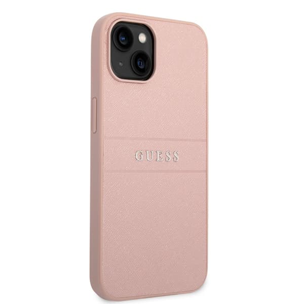 Guess iPhone 14 Plus Cover Saffiano Metal Logo Stripes Lyserød
