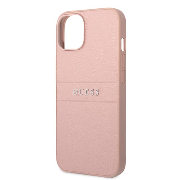 Guess iPhone 14 Plus Cover Saffiano Metal Logo Stripes Lyserød