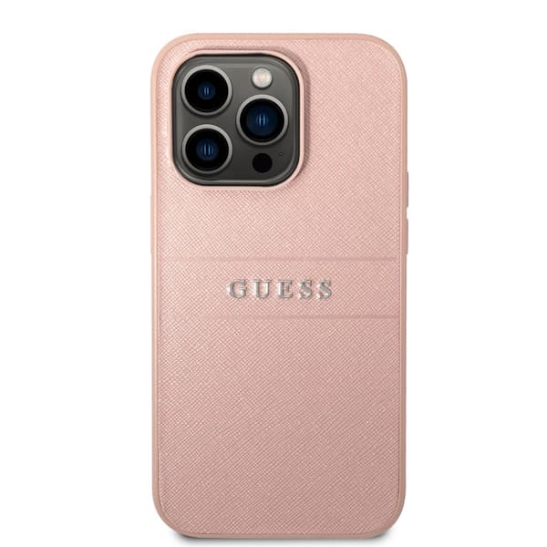 Guess iPhone 14 Pro Kuori Saffiano Metal Logo Stripes Vaaleanpunainen
