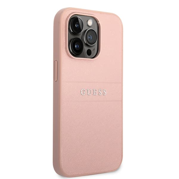Guess iPhone 14 Pro Kuori Saffiano Metal Logo Stripes Vaaleanpunainen