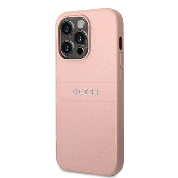 Guess iPhone 14 Pro Kuori Saffiano Metal Logo Stripes Vaaleanpunainen