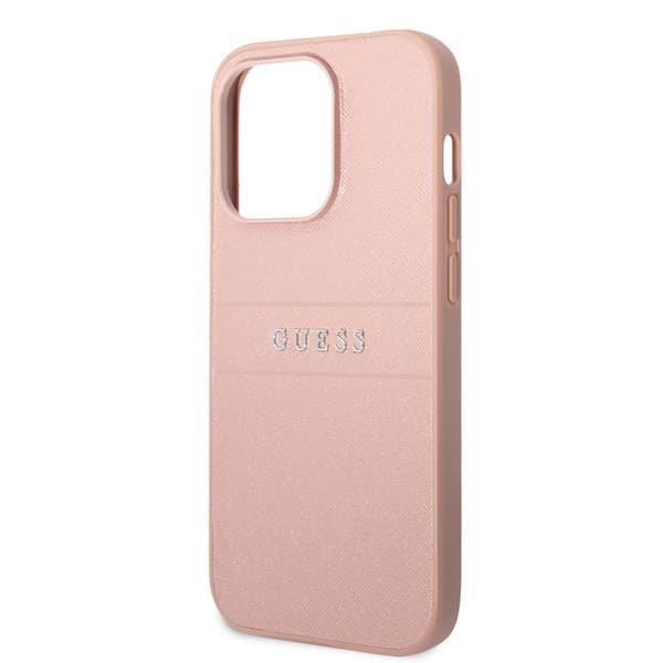 Guess iPhone 14 Pro Max Skal Saffiano Metal Logo Stripes Rosa